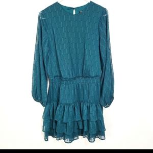 Express | NWT Chiffon Ruffle Long Sleeve Dress Green Shimmer Medium